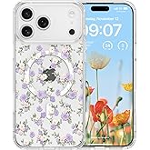 RALEAVO for iPhone 17 Pro Max Case Compatible with MagSafe Clear Floral Pattern Design Cute for Girls Women Slim Magnetic Hard Back Shockproof Phone Case for iPhone 17 Pro Max,Purple Flowers
