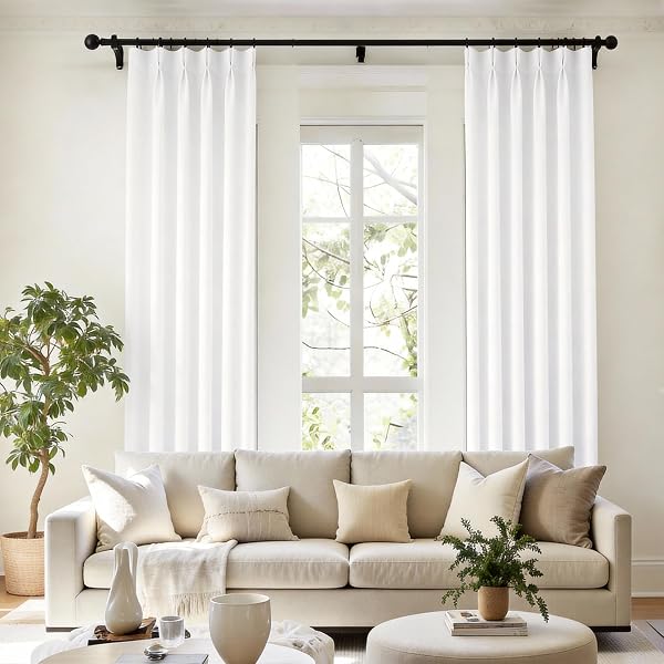 KANGBANG WHITE PINCH PLEAT CURTAINS 96 INCHES LONG FOR LIVING ROOM, LIGHT BLOCKING THERMAL SOLID PLEATED CURTAIN PANELS WITH HOOKS FOR BABY’S CRIB DORM, SOFT & VERTICAL HOME DECOR, W40XL96,2 PCS