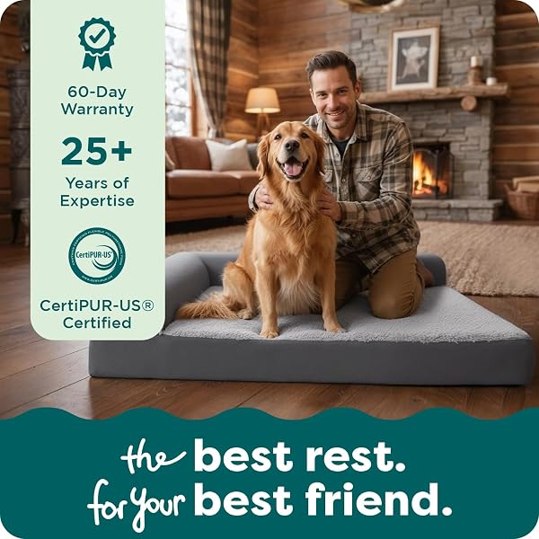 FURHAVEN ORTHOPEDIC DOG BED FOR LARGE DOGS W/ REMOVABLE BOLSTERS & WASHABLE COVER, FOR DOGS UP TO 95 LBS – TWO-TONE PLUSH FAUX FUR & SUEDE L SHAPED CHAISE – STONE GRAY, JUMBO/XL