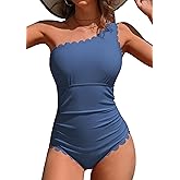 Charmo One Shoulder One Piece Swimsuit Women Ribbed Scalloped Bathing Suit Cutout 1 Piece Slimming Full Coverage Swim Suit