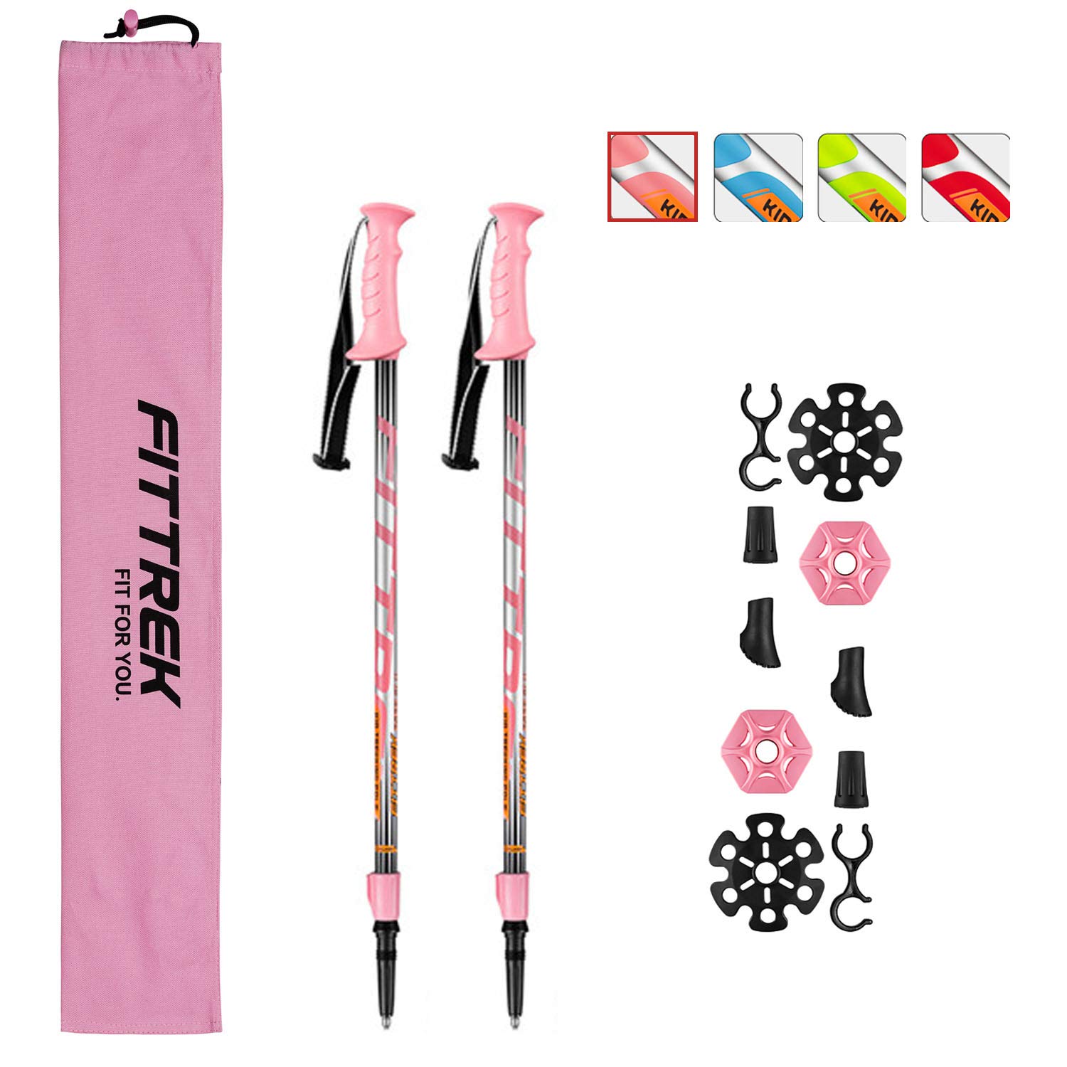 FitTrek Kids Trekking Poles - Hiking Poles - Walking Poles Telescopic - Lightweight Trekking Stick with Walking Poles Rubber Tips and Pole Bag, 1 Pair (Kid Pink)