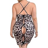 SOLY HUX Women's Plus Size Leopard Print Lace Chemise Nightgowns Bowknot Lingerie Sleep Dress Boudoir Outfits