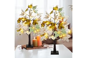 Uieke 2 Packs 24inch Artificial Lighted Fall Maple Tree 48 LED Fall Decor Table Lights with 6 White Pumpkins Battery Operated Timer, Fall Decorations or Home Thanksgiving Autumn Harvest (Green White)