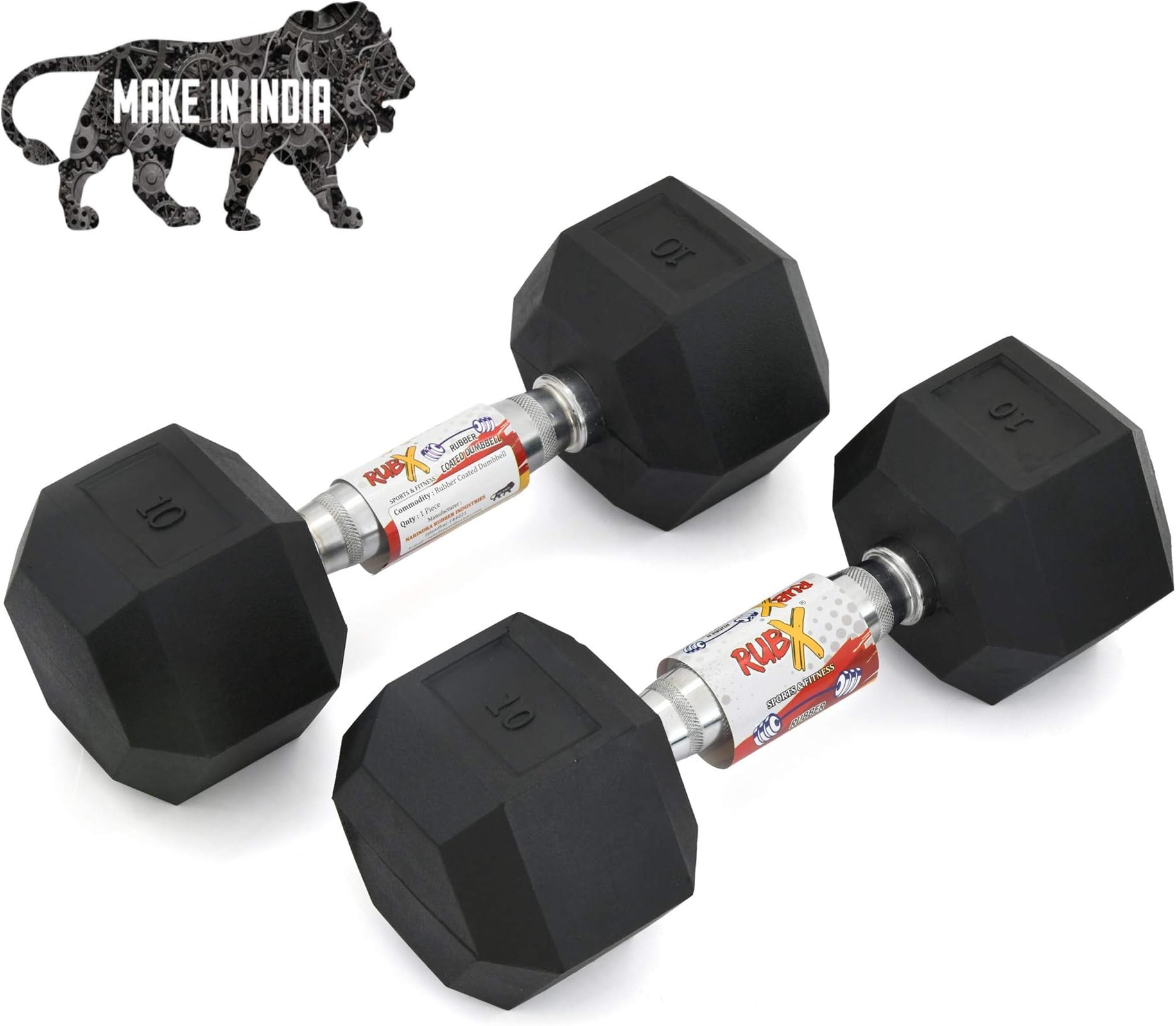 RUBX Rubber Coated Professional Exercise Hex Dumbbells (Pack of Two)