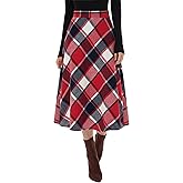 Xaatren Women's Long Plaid Skirt, High Elastic Waist Fall Winter A Line Pockets Flared Pleated Vintage Maxi Wool Zipper Skirt