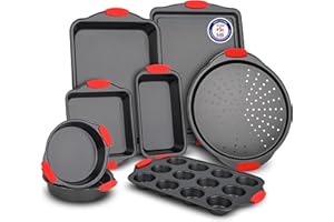BAKKENMASTER Baking Set – 8 Piece Kitchen Oven Bakeware Set – Deluxe Non-Stick Black Coating Inside and Outside – Carbon Steel – Red Silicone Handles – PFOA PFOS and PTFE Free by Bakken