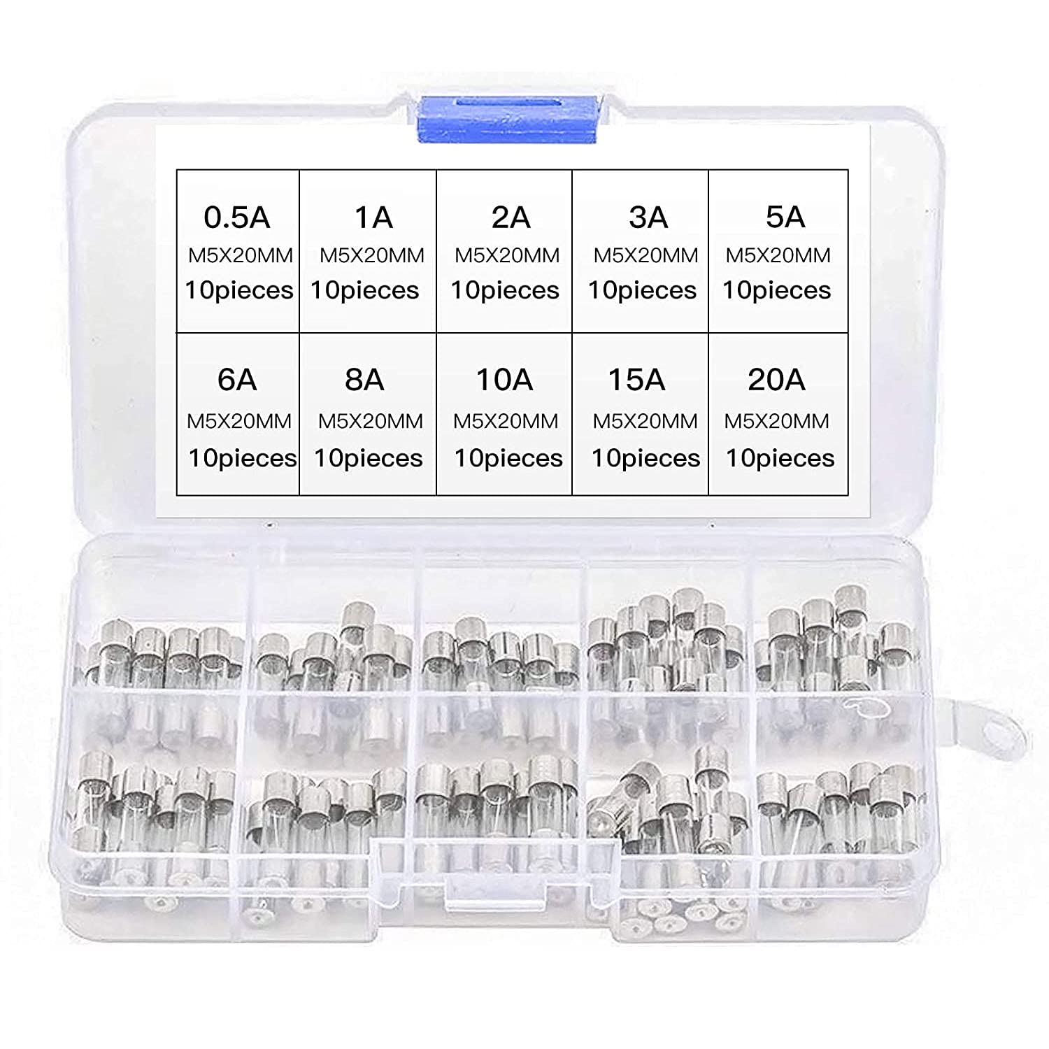 Glass Tube Fuse, 100 PCS Fast Blow Fuses Quick Blow Car Tube Fuses Assorted Kit 0.2A 0.5A 1A 2A 3A 5A 8A 10A 15A 20A
