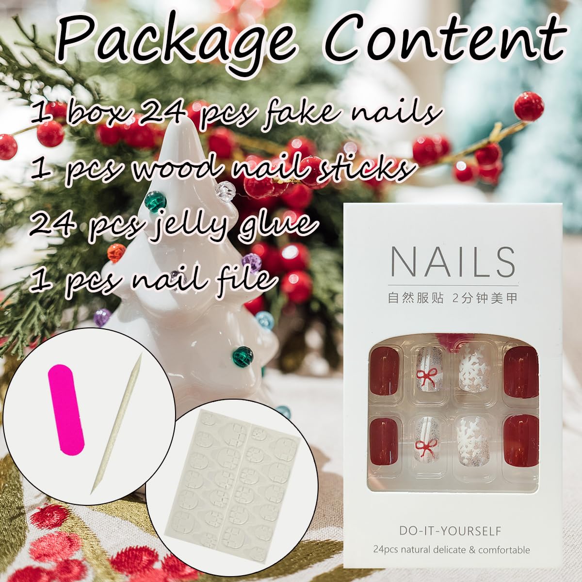 24Pcs Christmas Press on Nails Short Coffin Fake Nails Red Bow Charm Design Cute Christmas Nails Glossy Red False Nails Silver Glitter Snowflake Glue on Nails Winter Artificial Nails for Women DIY - Image 5