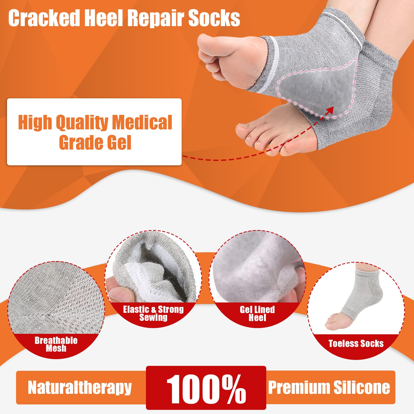 Sagry Sagry 8Pairs Moisturizing Gel Heel Socks, Silicone Heel Socks, Heel Socks for Dry Cracked Feet Women, Toeless Heel Repair Socks for Foot Care Treatment, Cracked Heels, Dry Feet, Foot Calluses