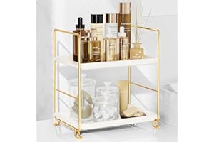 FSyueyun 2-Tier Bathroom Countertop Organizer, Tool-Less Installation Premium Plastics Makeup Shelf Organizer Perfume Skincare for Dresser Vanity Tray Organizers and Storage (Gold)