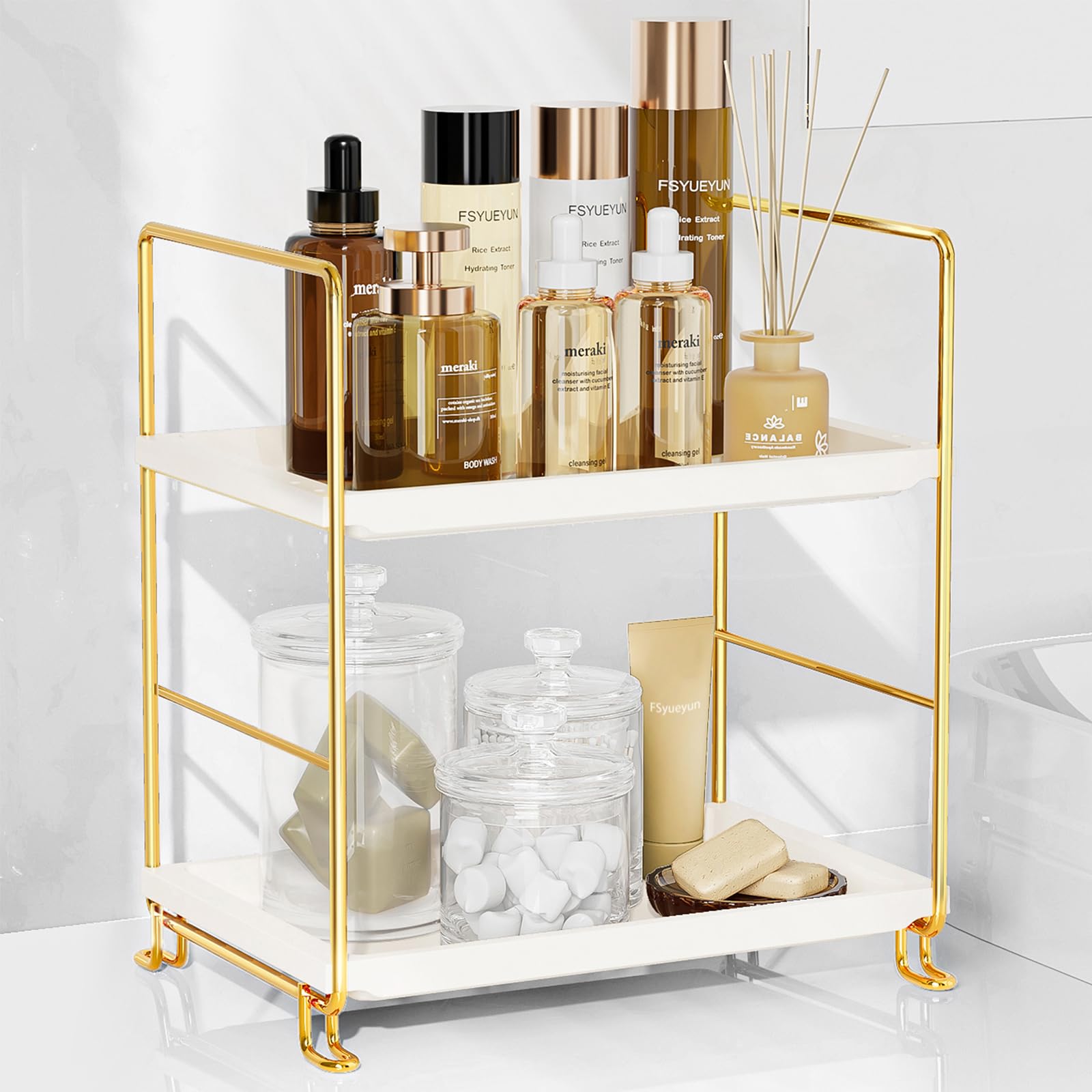 FSyueyun 2-Tier Makeup Shelf Organizer, Kitchen Spice Rack or Bathroom Countertop Organizer Vanity Bedroom Storage Tray (Gold)