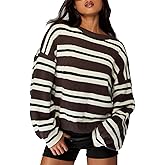 OYOANGLE Women's Striped Oversized Sweater Long Sleeve Drop Shoulder Crewneck Knit Sweaters