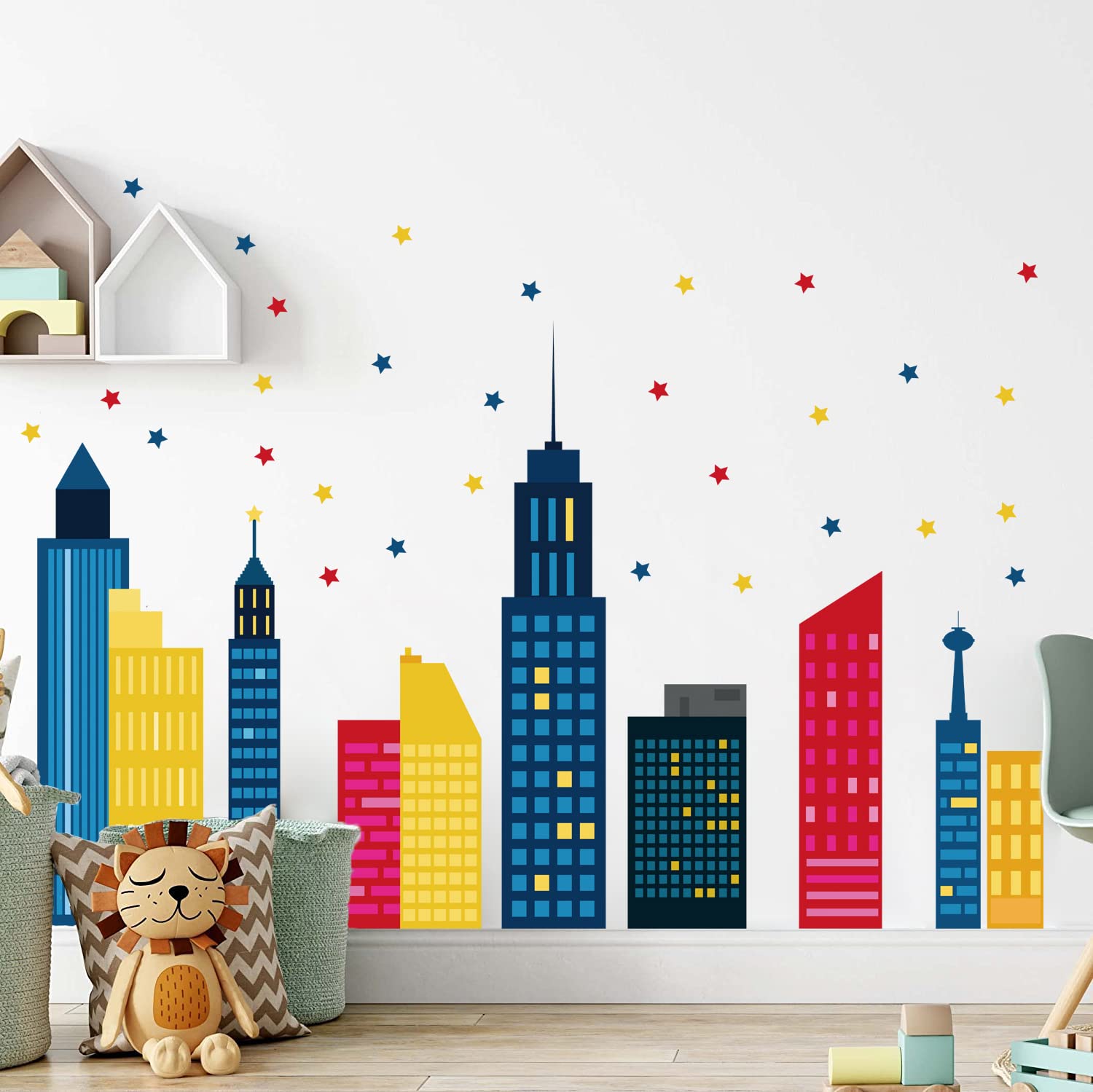 Runtoo Colorful City Skyline Wall Stickers Building Silhouettes Stars Wall Decals for Bedroom Baby Nursery Living Room Kids Decor