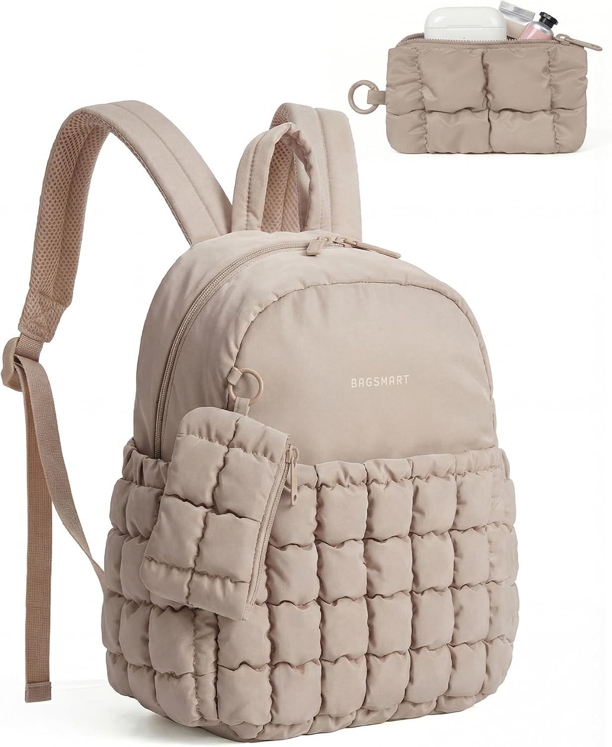 BAGSMART Mini Backpacks for Women, Puffy Checkered Quilted Small Backpack with Pouch, Lightweight Daypack Purse, Water-Resistant Bookbag for Daily Travel College, 2-in-1 Set, Brown