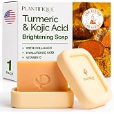 PLANTIFIQUE Kojic Acid &amp; Turmeric Soap for Dark Spots with Travel Case | Lab Tested, Whitening Soap for Uneven Skin Tone with Hyaluronic Acid, Collagen &amp; Vitamin C, 1 Bar, 2.82 oz
