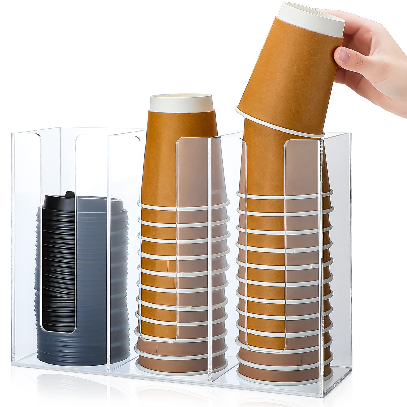 Photo 1 of 3 Compartments Acrylic Coffee Cup Dispenser Organizer Paper Cup Lid Sleeve Holder Organizer Coffee Shop Supplies Holder Storage for Counter Wall(Clear)