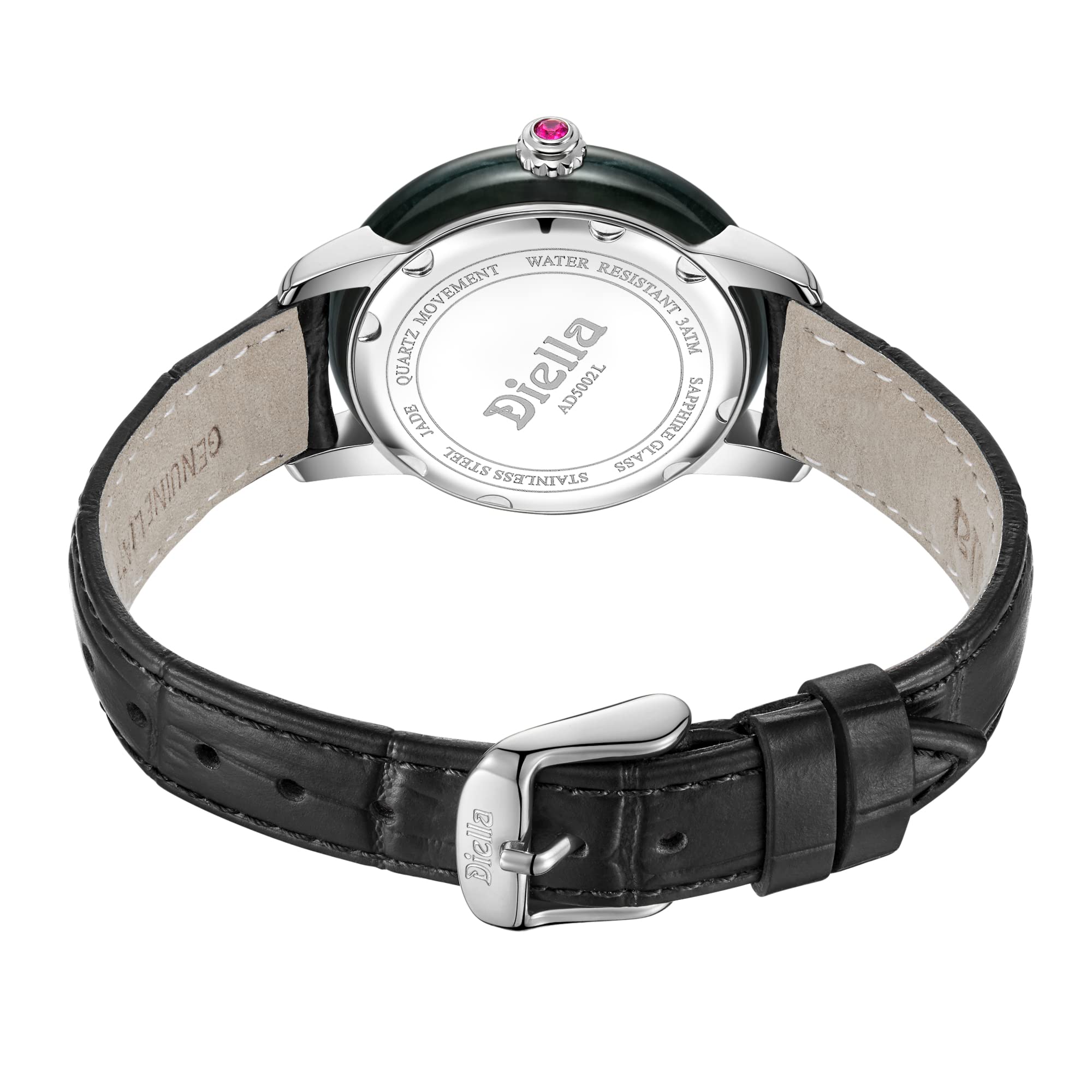 Diella Watches for Women Jade Inlay and Rhinestones Inlaid on The Plate Crown with Ruby Leather Strap, 5ATM Waterproof, Date Luminous for Luxurious, Fashionable Gift Women