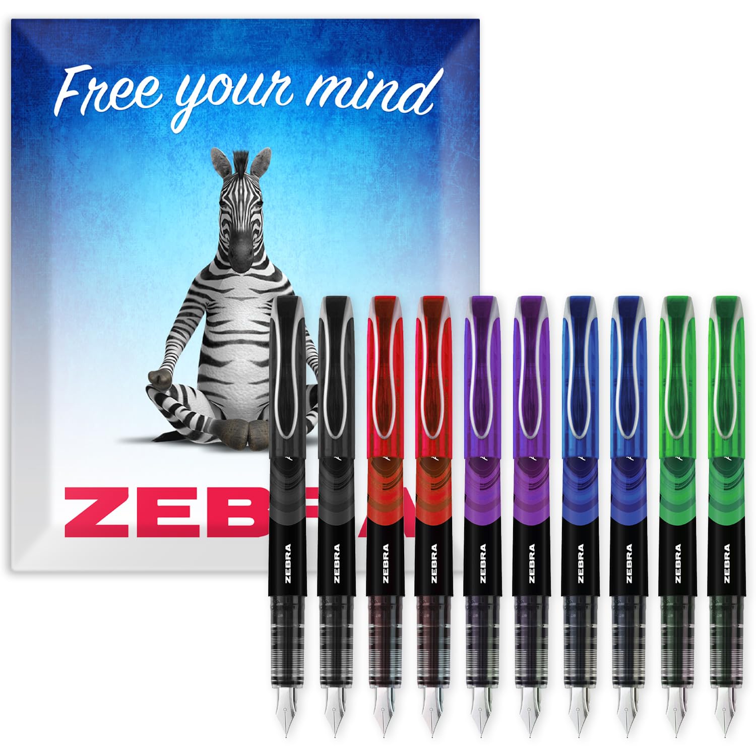 Zebra Fuente - Disposable Fountain Pen - Black, Blue, Red, Green & Violet Coloured Ink - Pack of 10 - In Envelope Gift Packaging