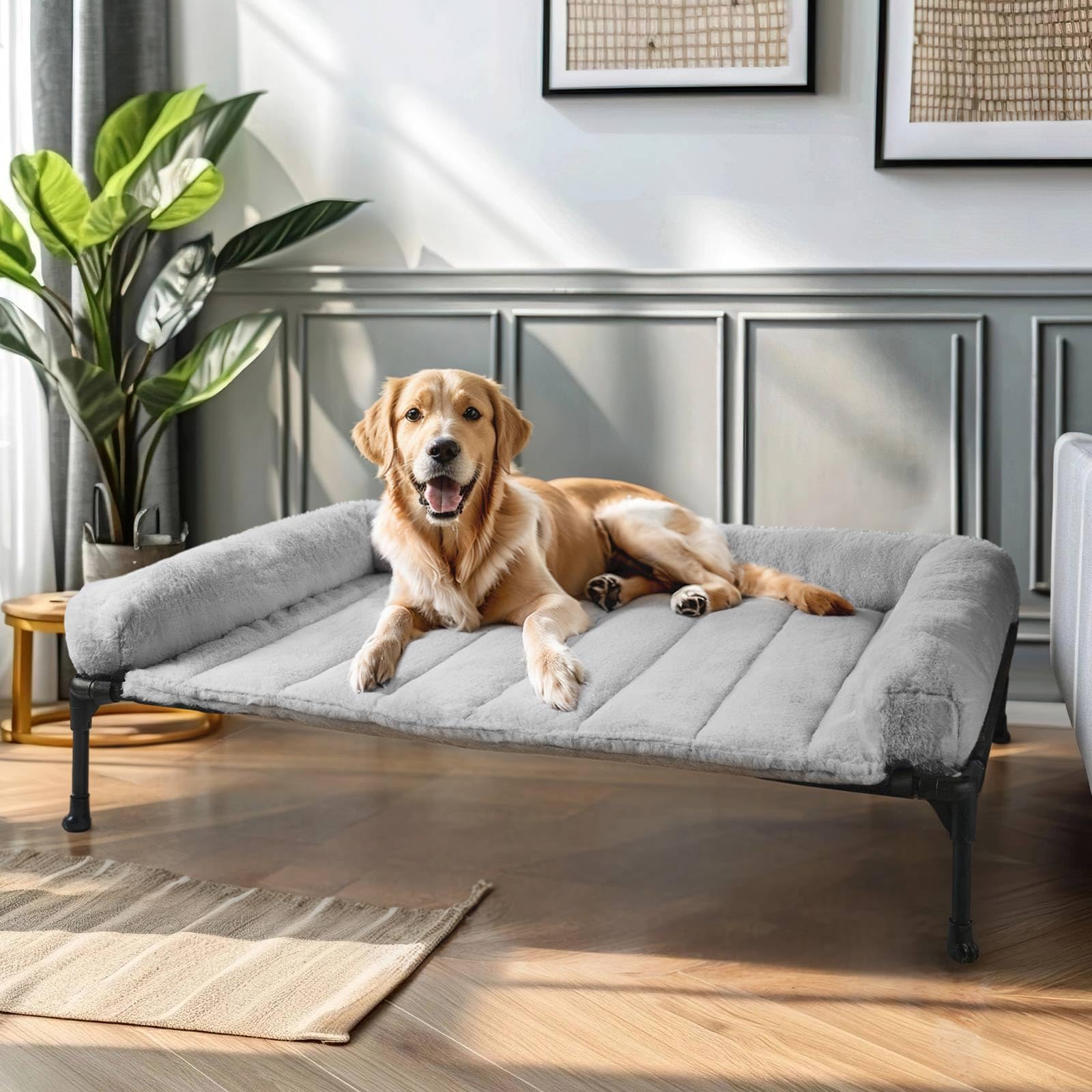 Photo 1 of Veehoo Cooling Elevated Dog Bed with Fluffy Plush Bolster Cushion, Indoor Raised Dog Beds for Large Dogs, Soft Pet Sofa Cot with Removable Washable Mat, No-Slip Feet, 42 x 30 inches, Grey