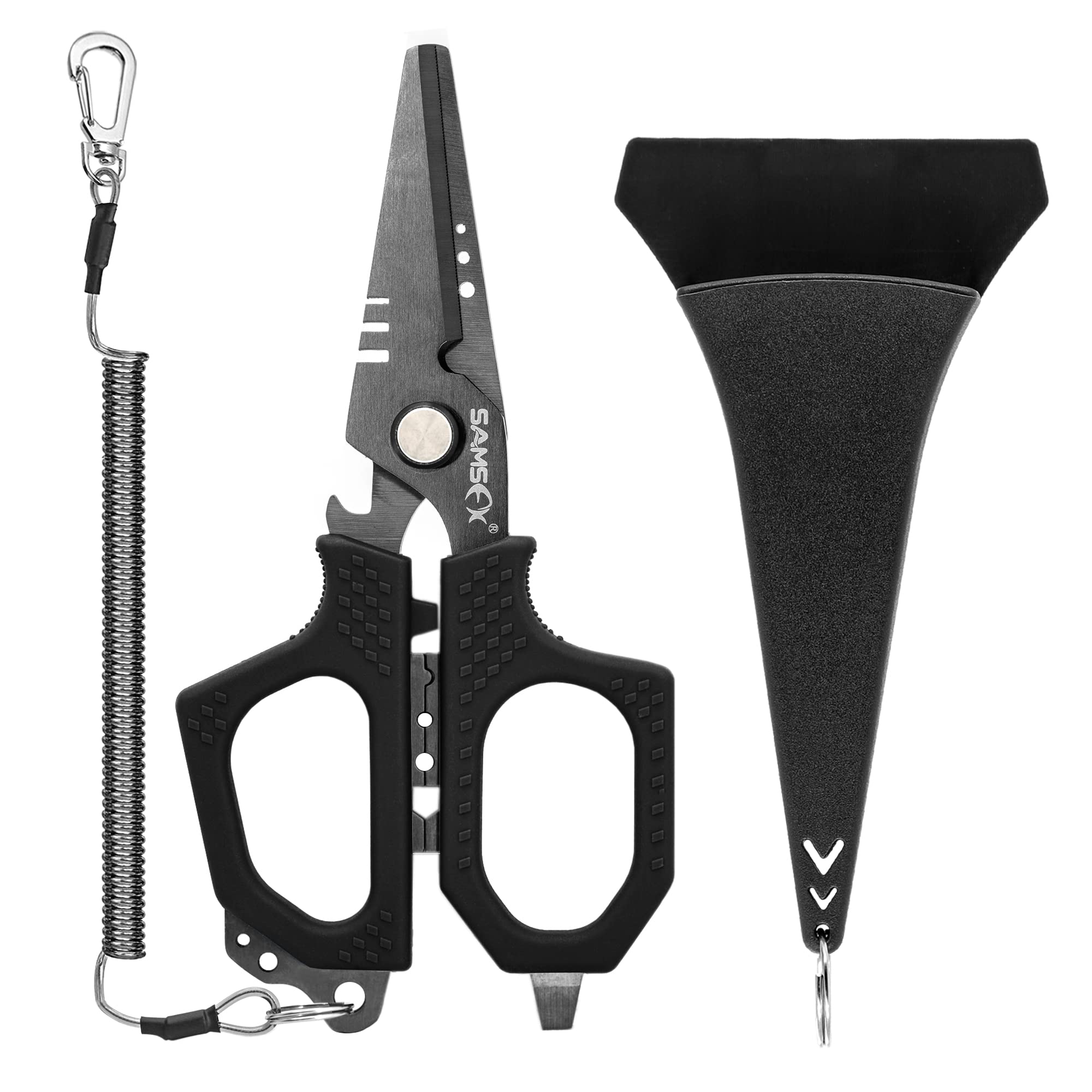 SAMSFX Fishing Braid Line Scissors Shears with Antirust Coating and Dual-Serrated Blade, Kraton Handle, Come with Hard Sheath and Coiled Lanyard (Black Handle, Hard Sheath)