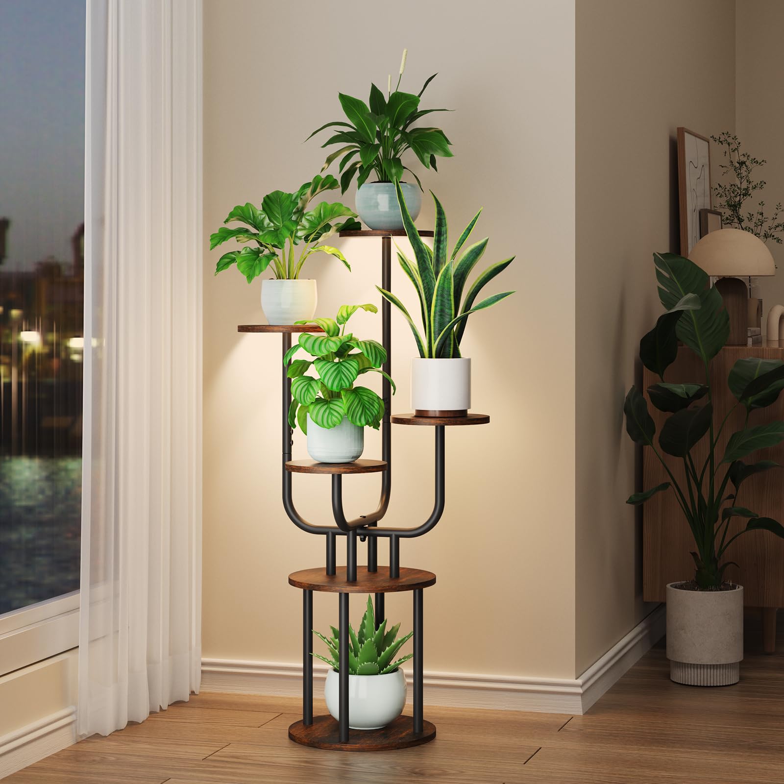 Photo 1 of Homsorout Indoor Plant Stand with Grow Light - 6 Tier Tall Plant Shelf Corner Display Rack Modern Metal Wood Plant Stand Indoor for Balcony Patio Garden Room Decor (Brown)
