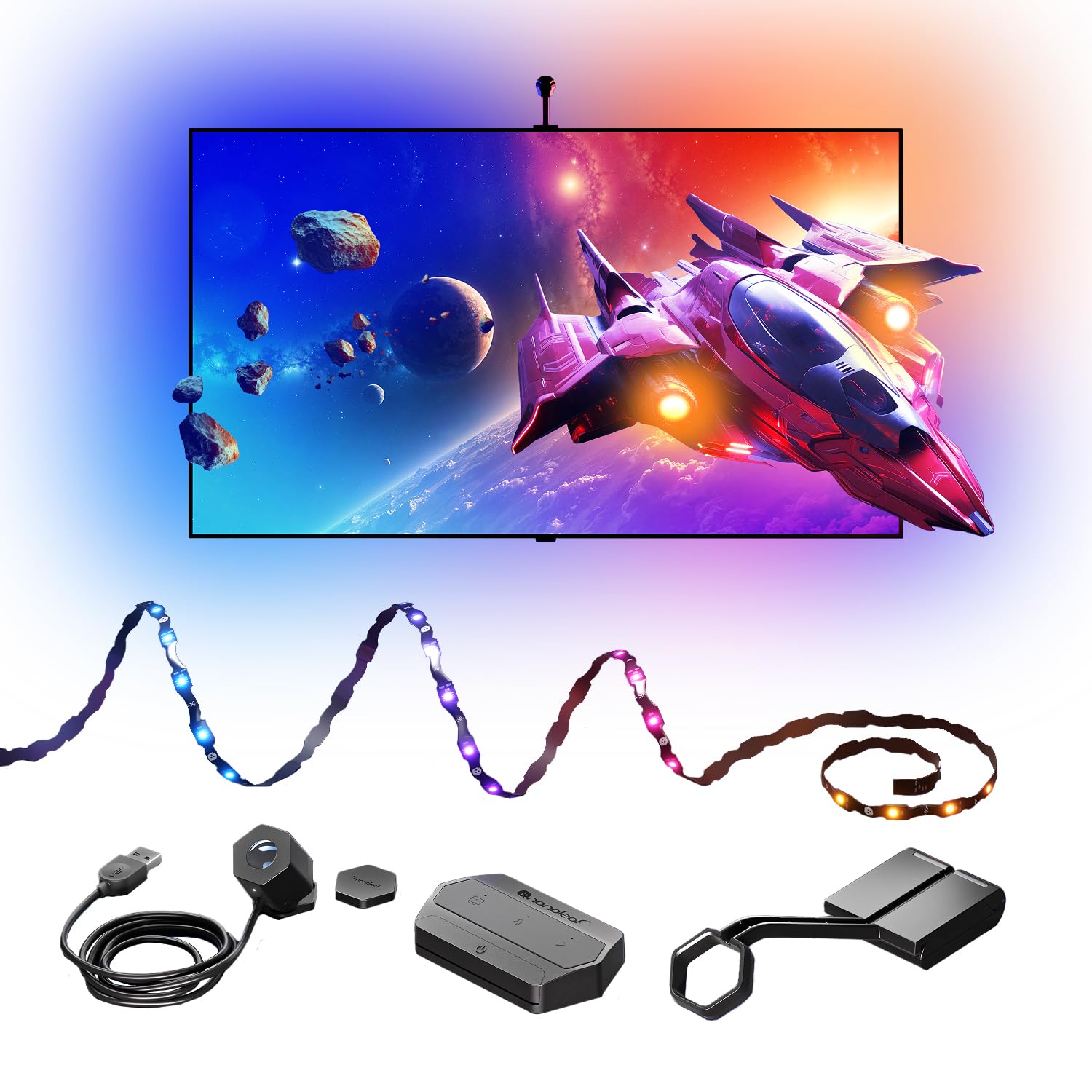 Nanoleaf 4D V2 Screen Mirror Zickzack Lightstrip Kit für TV/Fernseher bis zu 65 Zoll (165 cm) - Smart RGBW LED Streifen Hintergrundbeleuchtung + Kamera, Funktioniert mit Alexa Apple