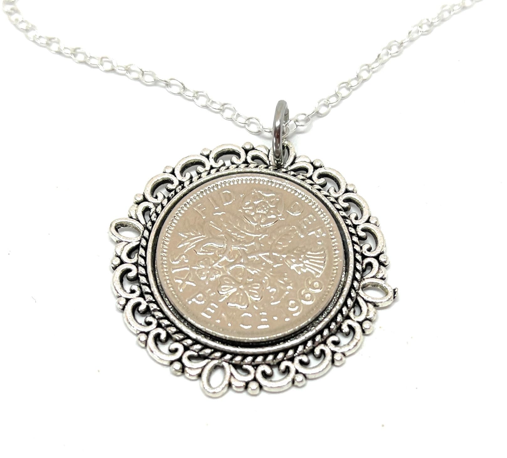 floral Fancy Sixpence Pendant 1966 Lucky sixpence 60th Birthday plus a Sterling Silver 18in Chain