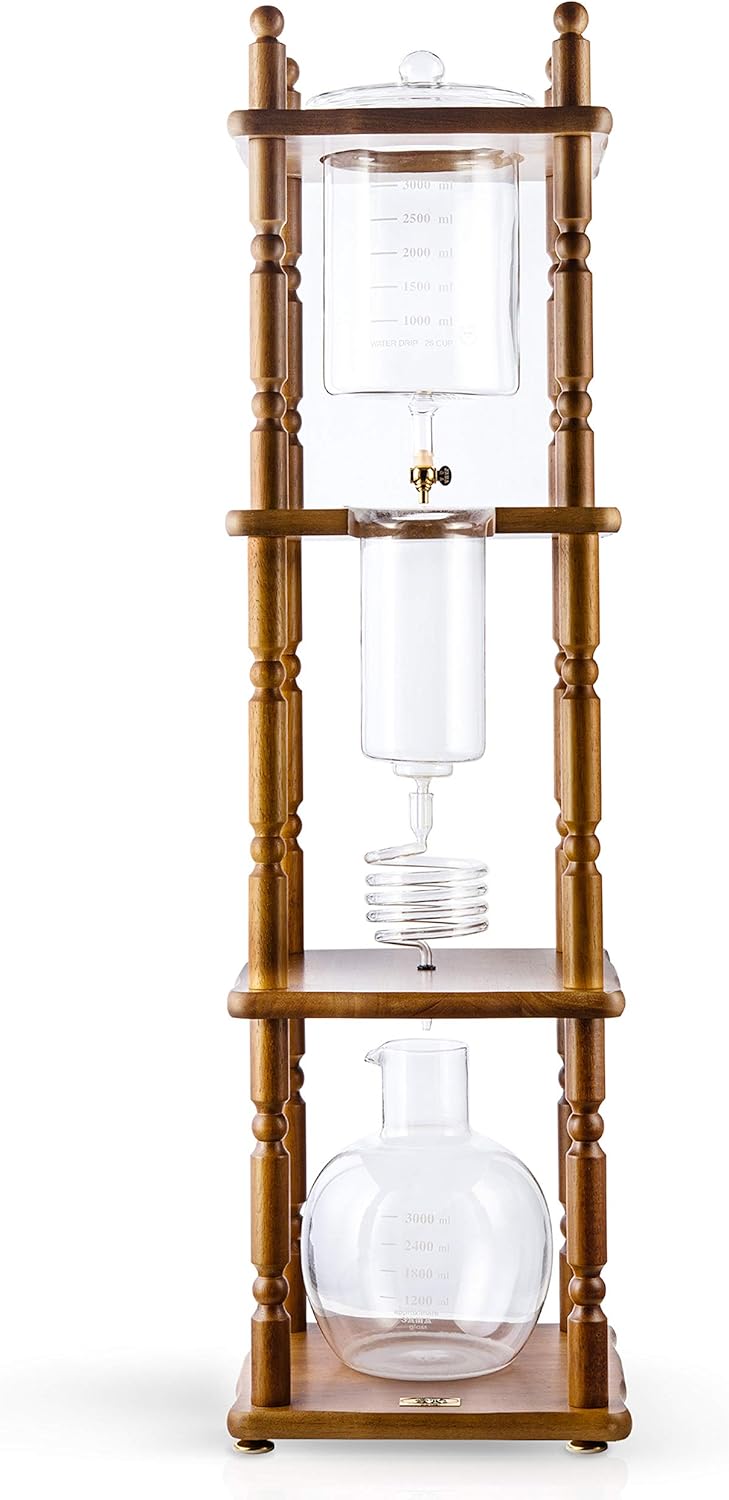 Yama Glass Cold Brew Slow Drip Technology I Ice Coffee Maker Machine, Large Capacity 25 Cups (100oz), Brown Wood Frame