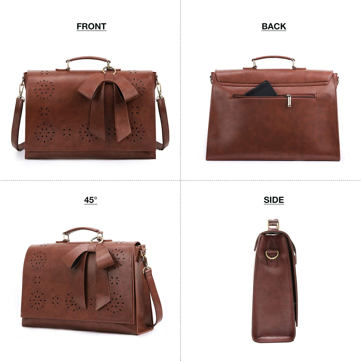 ECOSUSI Women's Briefcase Vegan Leather Laptop Bag for Work Shoulder Computer Satchel Bag with Detachable Bow