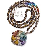 Top Plaza 7 Chakra Healing Crystal Natural Round Gemstone Pendant Necklace Life Tree Copper Wire Wrapped Beads Necklaces Reiki Jewelry for Women