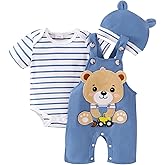 FOCUTEBB Baby Boy Clothes Short Sleeved Cute Cartoon Romper + Shorts + Hat Overalls Suspender for Boys 3 Pcs 0-18 Months