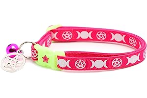 PUGS TO PERSIANS Wicca Cat Collar with Occult Charm & Bell | Witch’s Familiar Cat Collar | Witch Kitten Collar Charms | Glow in The Dark | Safety Breakaway Collar (Large(10lbs & Up), Bright Pink)