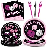 96Pcs Bunco Party Decorations Card Game Themed Tableware Pink Black Bunco Plates Napkins Forks And Napkins Let&rsquo;s Roll Dinnerware Casino Night Bachelorette Party Supplies for Birthday Serves 24 Guests