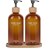 Dish and Hand Soap Dispenser Set with Tray, 16OZ Refillable Glass Bottles and Wood Pump, Double Bottle Countertop Organizer for Kitchen and Bathroom (Amber)