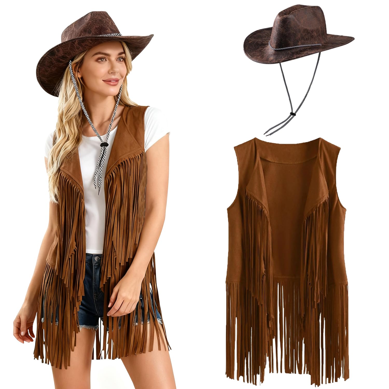 ITODA Western Cowgirl Costume Women Vintage Disco Fringe Vest Cowgirl Hat Faux Suede Sleeveless Waistcoat Cosplay Hippie Costume 60s 70s Fancy Dress Set for Halloween Carnival Party(Vest+Hat)