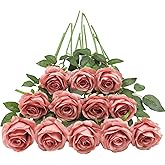Tifuly Dusty Pink Roses Artificial Flowers -12 Pcs Long Stem Silk Roses, Realistic Fake Roses with Stems for Bridal Bouquets, Home and Office DIY Decor