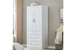 VivaVista armoire Wardrobe Closet with 2 Doors with Clothing Rod Inside Cabinet and 2 Drawers for Storage, White,31.5”W x 20.4”D x 74.2”H