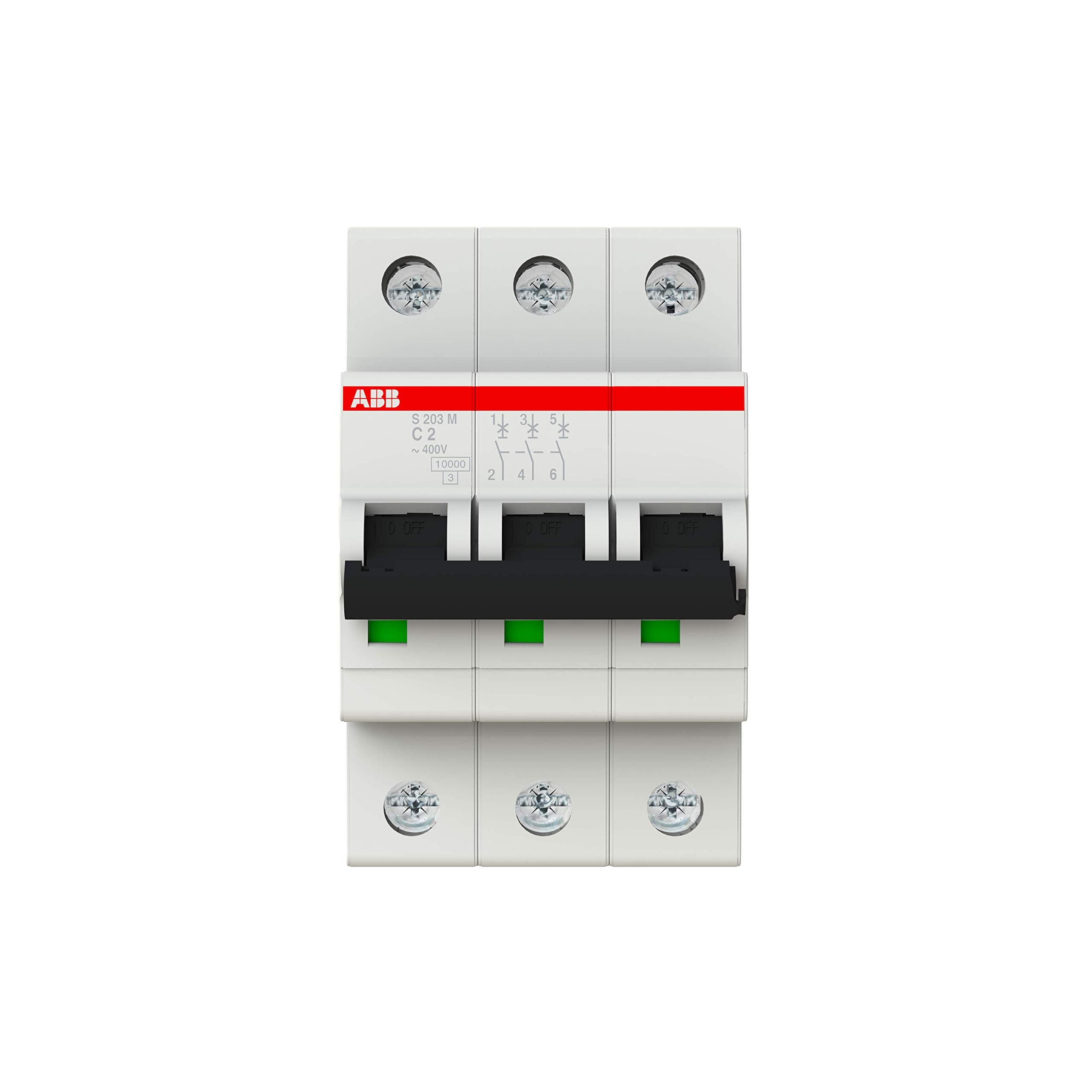 ABB S203M-C2 Miniature Circuit Breaker, 3 Pole, Type C, 10/15kA Breaking Capacity, 2 Amp Current (2CDS273001R0024)