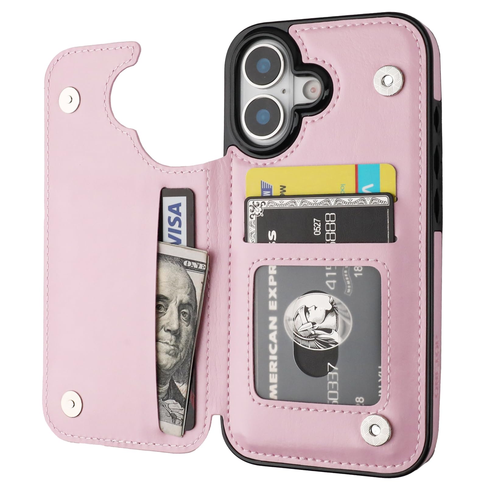 ONETOP Compatible with iPhone 17 Wallet Case with Card Holder, PU Leather Kickstand Card Slots Case, Double Magnetic Clasp and Durable Shockproof Cover 6.1 Inch (Pink)