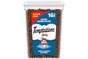 Temptations Classic Crunchy and Soft Cat Treats, Savory Salmon, 16 oz | Crunchy outside, soft inside, under 2 calories per treat, 100% complete & balanced for adult cats, stay-fresh resealable tub