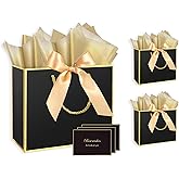 Gift Bags 3 Pcs Large Size Gift Bags with Tissue Paper and Handles,Bow Ribbon and Greeting Cards, 11.8" x 4" x 10", Black