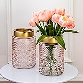 2-Pack Flower Vase Glass, 7.6 '' Pink Fluted Vase with Golden Metal Top, Valentine's Day Stylish Decorative Vases for Tabletop Centerpiece, Kitchen, Living Room, Bedroom, Bathroom