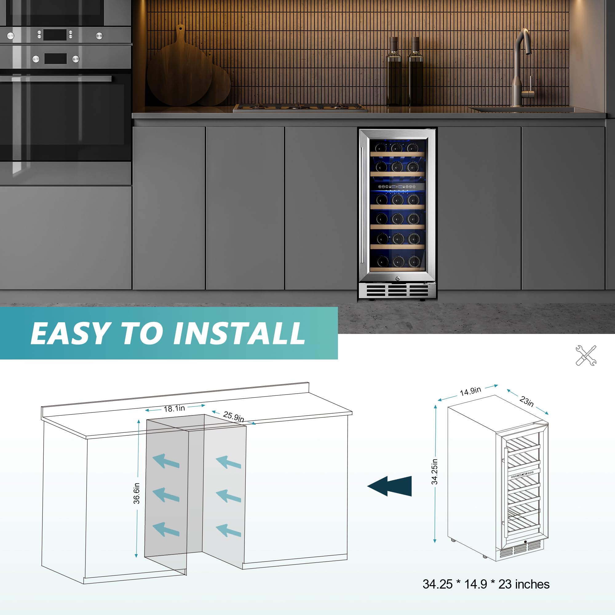 EUHOMY 15 Inch Wine Fridge, Dual Zone Wine Chiller with Digital Temperature Control, Wine Cooler Upgraded Compressor Fits Low Noise, Wine Storage with Double-Layer Glass Door, 33 Bottles.