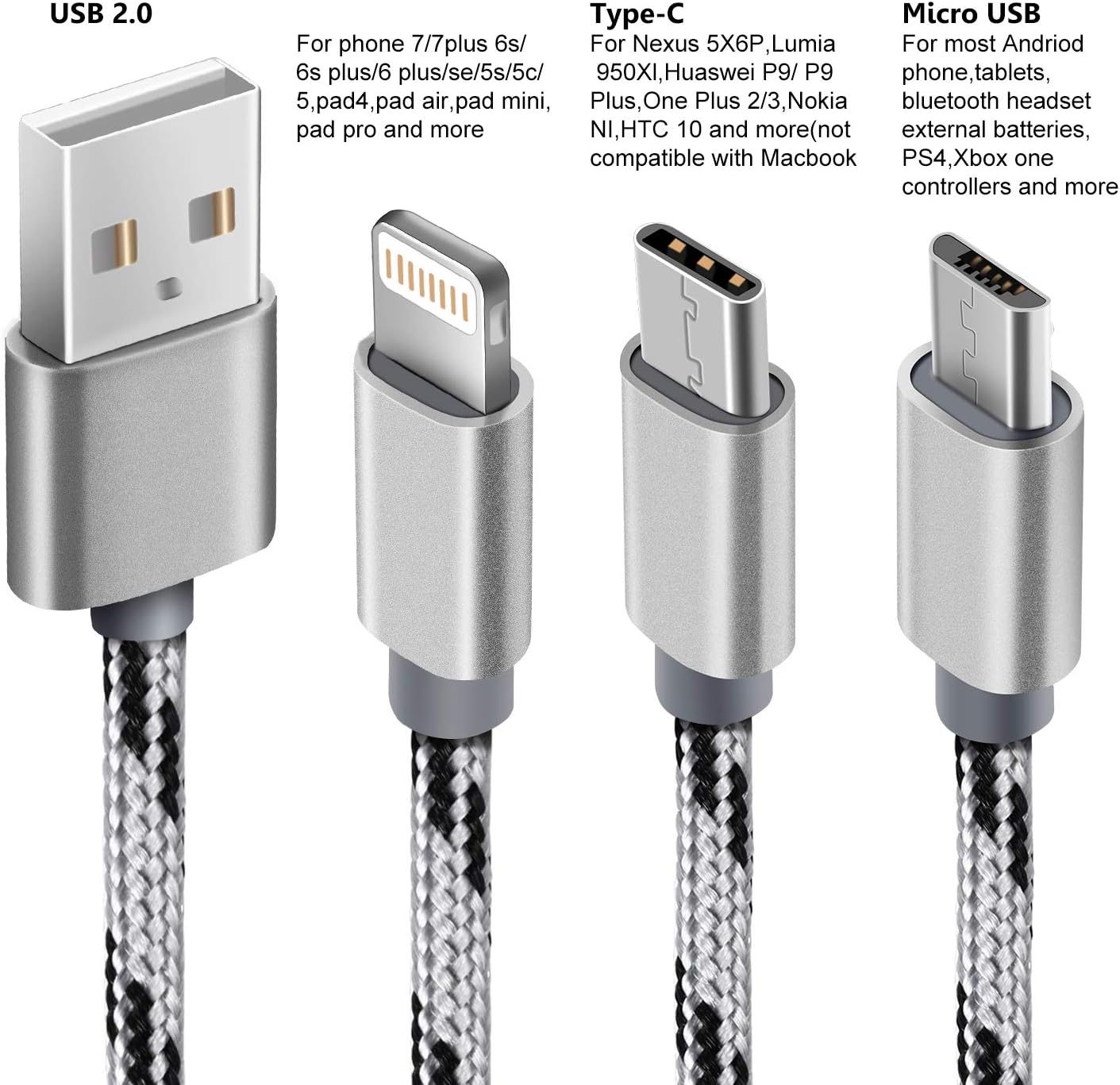 2Pack 10ft Multi Charger Cable,Multi Charging Cable Long Nylon Braided Multiple USB Cable Universal 3 in 1 Charging Cord Adapter with Type-C,Micro USB Port Connectors for Cell Phones and More