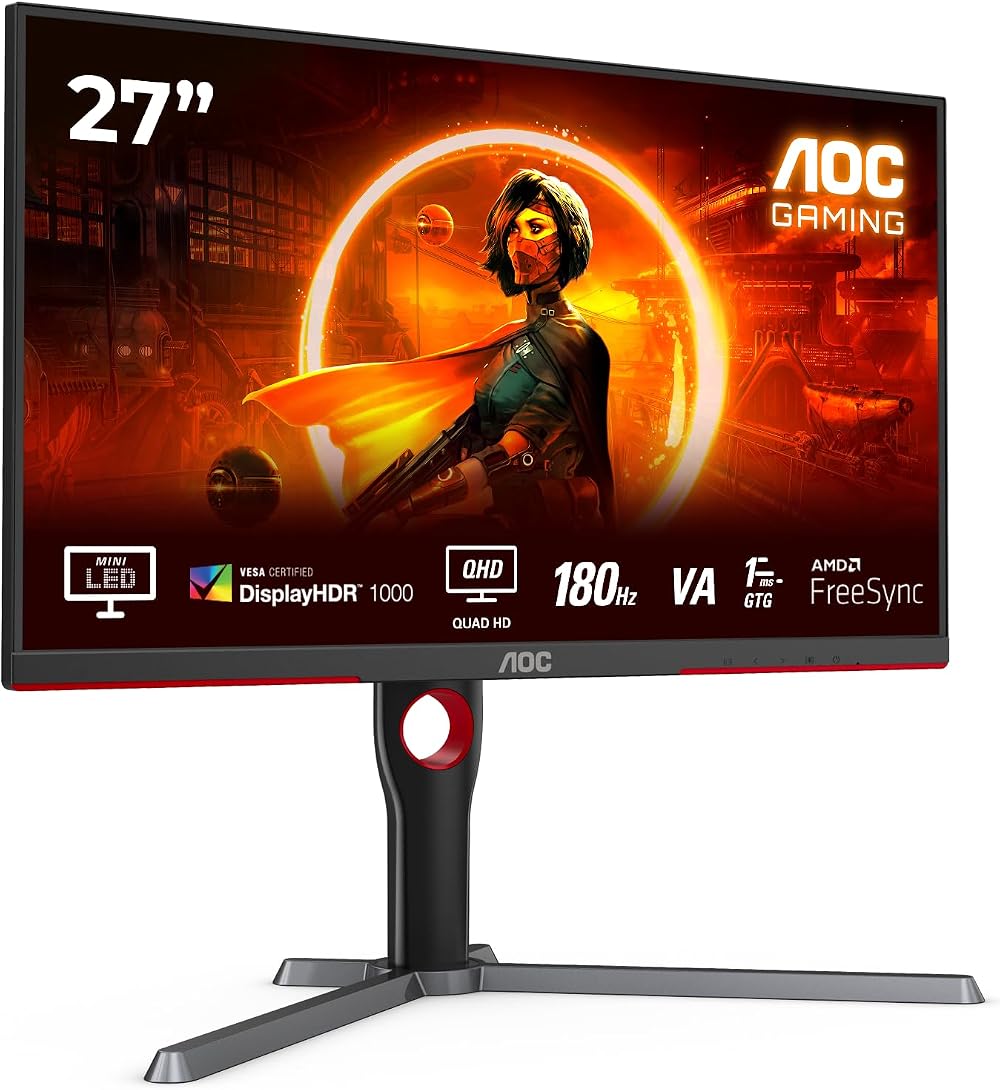 AOC Q27G3XMN 27 Inch QHD Mini LED Gaming Monitor 180Hz 1ms HDR1000 Height Adjust