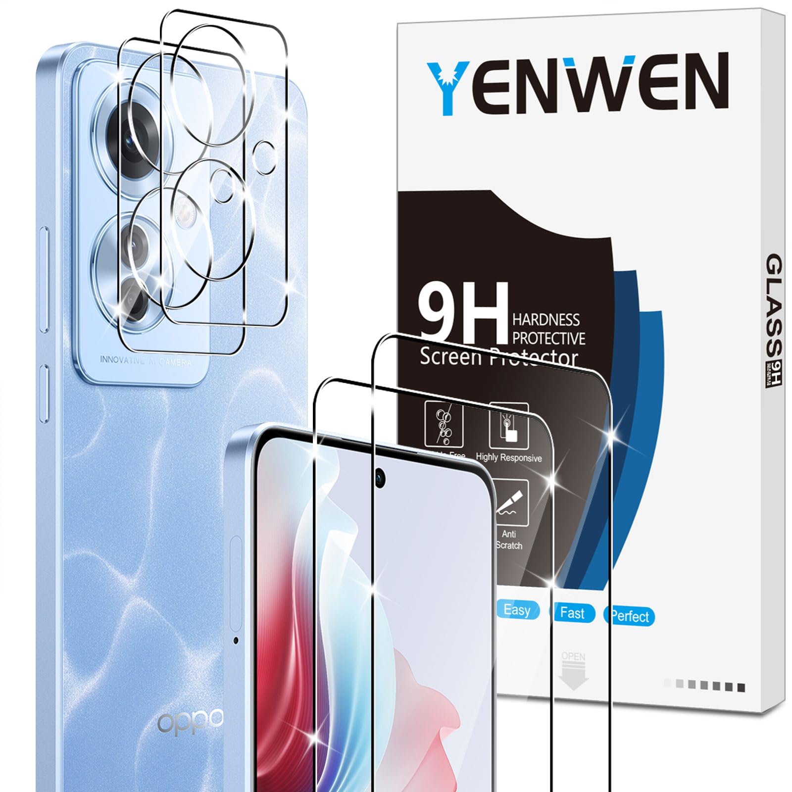 Yenwen Screen Protector for OPPO Reno 11F, 2 Pack of Tempered Glass with 2 Camera Protection, 9H Hardness Protective Glass Phone Film HD Clear