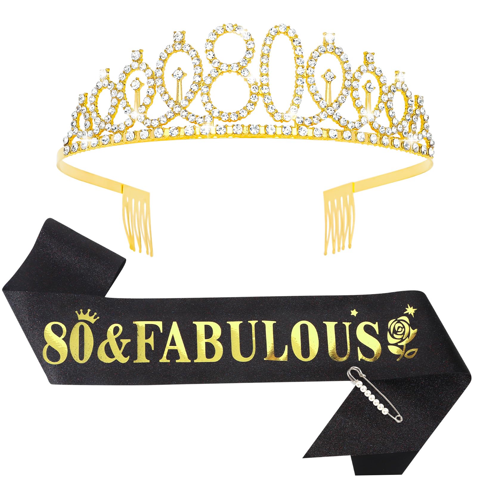 Casoty 80th Birthday Sash and Tiara for Women, 80th Birthday Decorations for Women, 80 & Fabulous Sash and Tiara Set, Happy 80th Birthday Decorations, 80th Birthday Gifts for Women