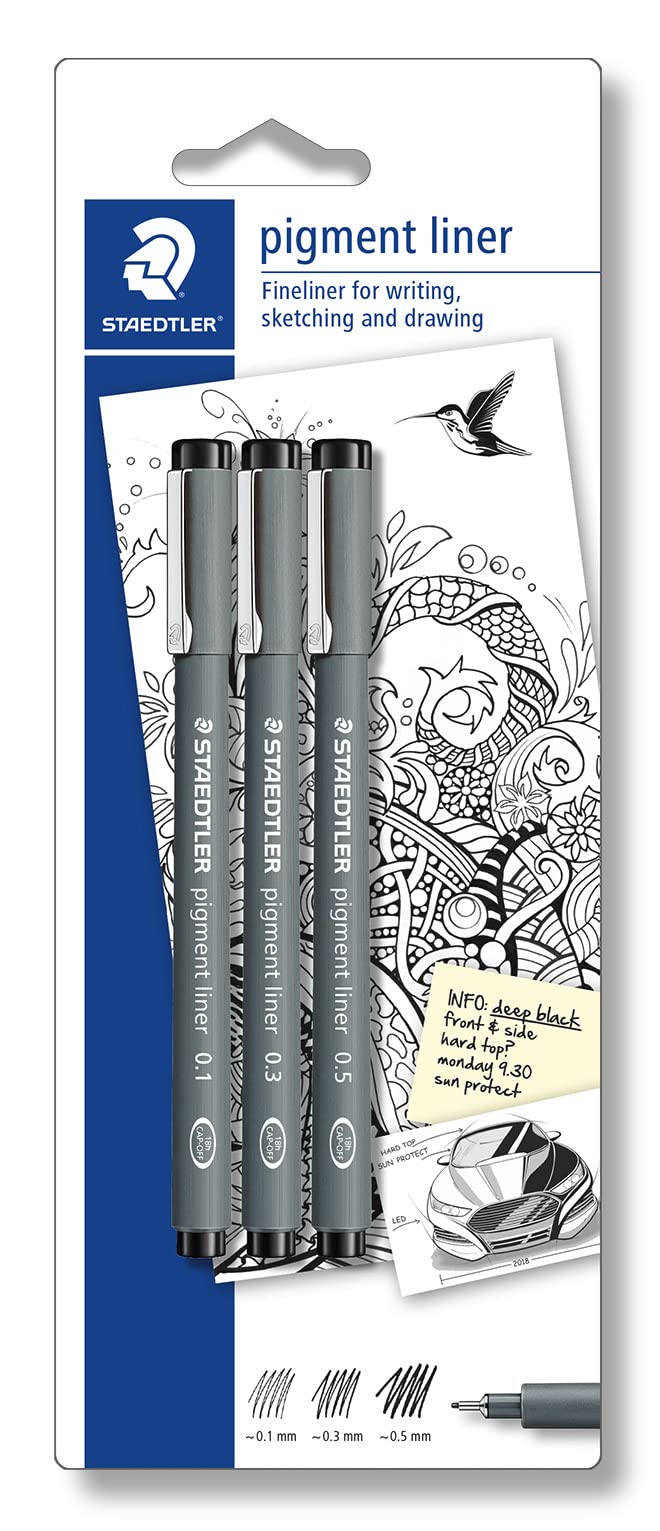 Staedtler 308S-9BK3D Fineliner Pigment Black Pack of 3 on a Blister Card