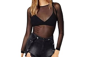 TANBABY Women's Short Sleeve Long Sleeve Bodycon Clubwear Sheer Pure Mesh Tops T Shirts