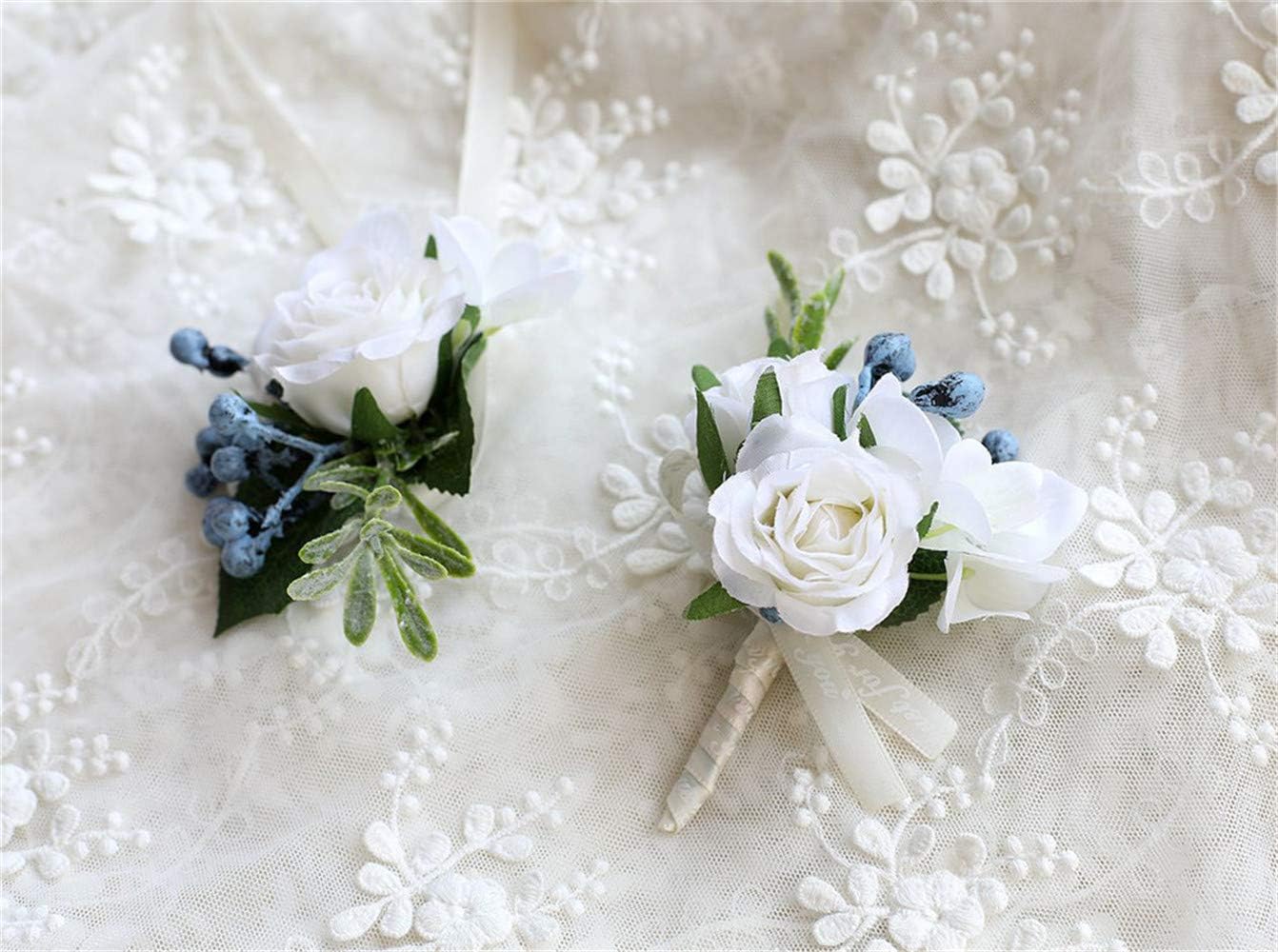 Flonding Rose Wedding Wrist Corsage and Boutonniere Set Party Prom Hand Ribbon Flower Suit Decor (White)